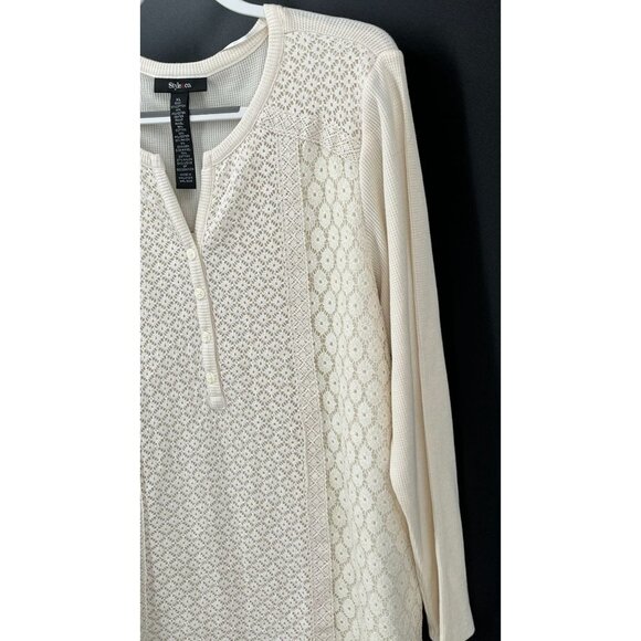 Style & Co Thermal Knit Long Sleeve Top Size XL lace Front Warm Ivor V Neck NWT - Picture 6 of 12